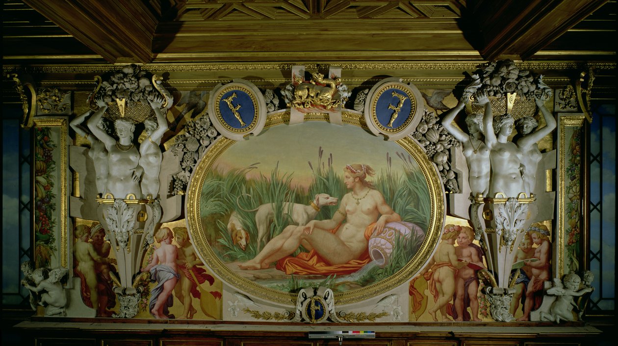 Nymfen av Fontainebleau, detalj av dekorativt schema i Francis I-galleriet, 1530-40 fresk och stuckatur av Giovanni Battista Rosso Fiorentino