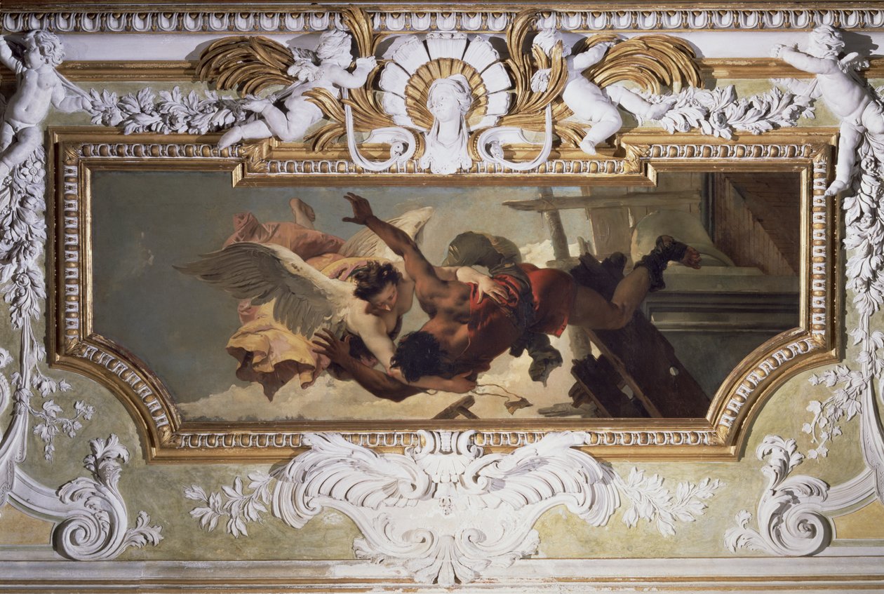 En ängel som räddar en fallande hantverkare från en kollapsande byggnadsställning, från "Sala Capitolare" (Överlämningshallen) ca 1749 av Giovanni Battista Tiepolo