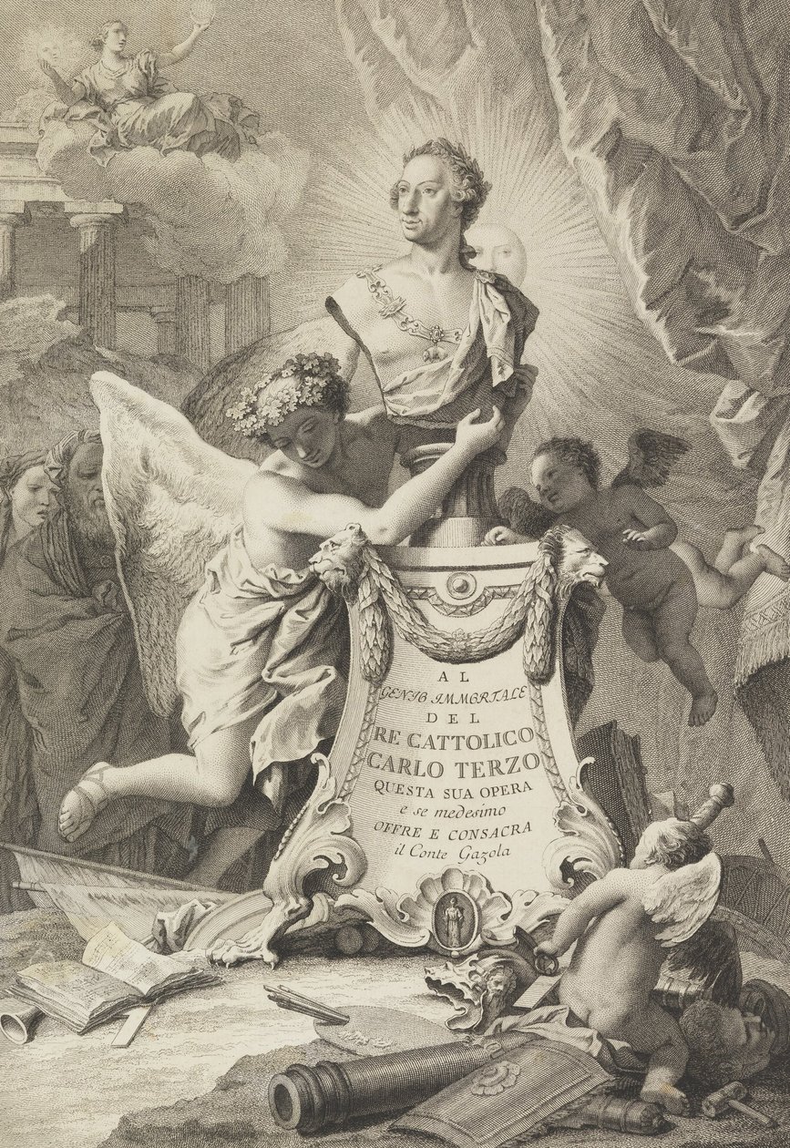 Dedikationssida till Charles III av Spanien och de två Sicilierna, frontispice för Paolantonio Paoli, Ro ... av Giovanni Battista Tiepolo
