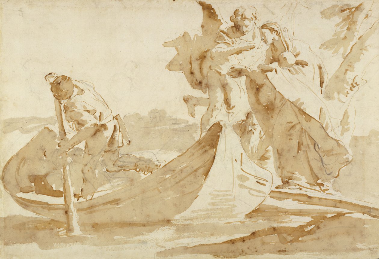 Flyg till Egypten, 1725-35 (Penna och brunt bläck med brun tvätt över svart krita) av Giovanni Battista Tiepolo