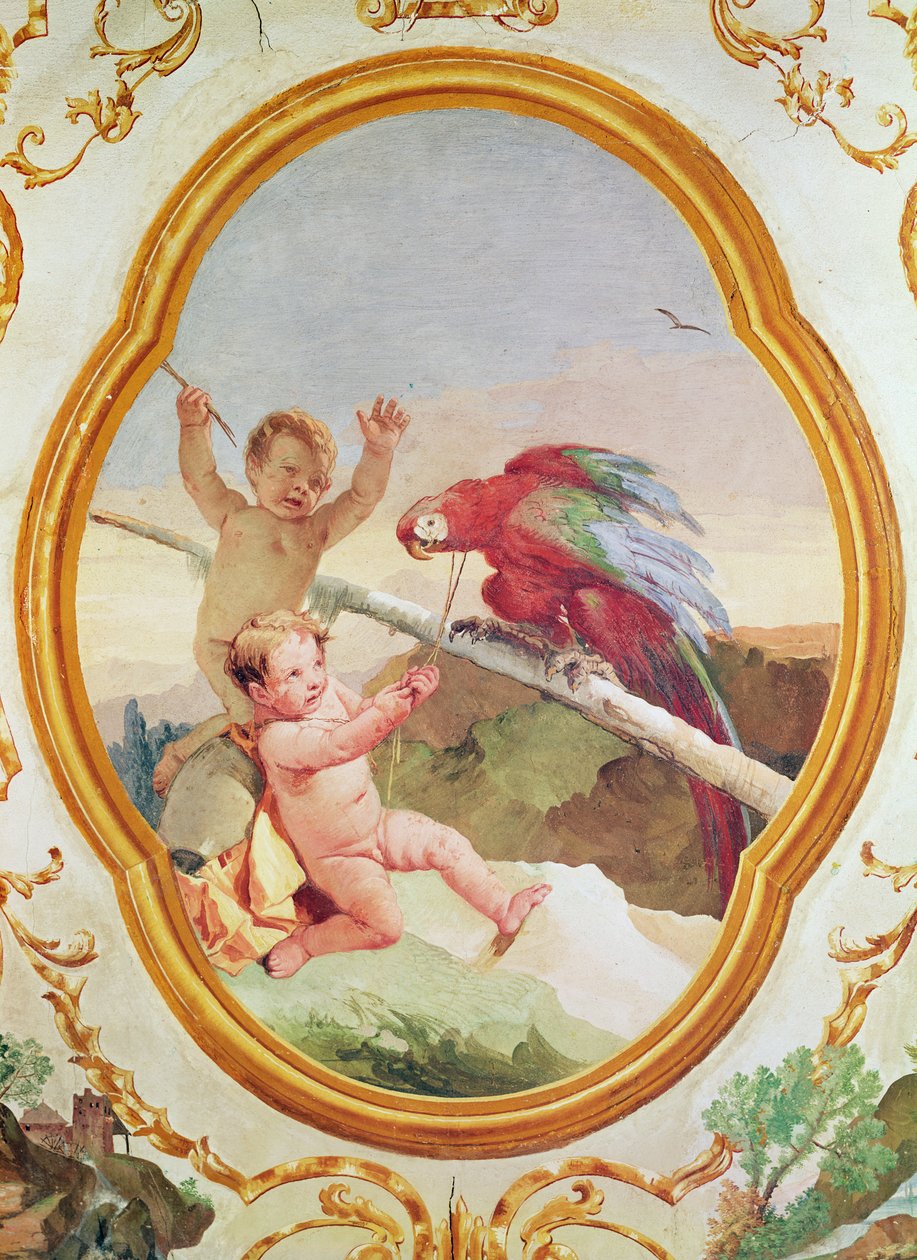 Två putti som leker med en papegoja av Giovanni Battista Tiepolo