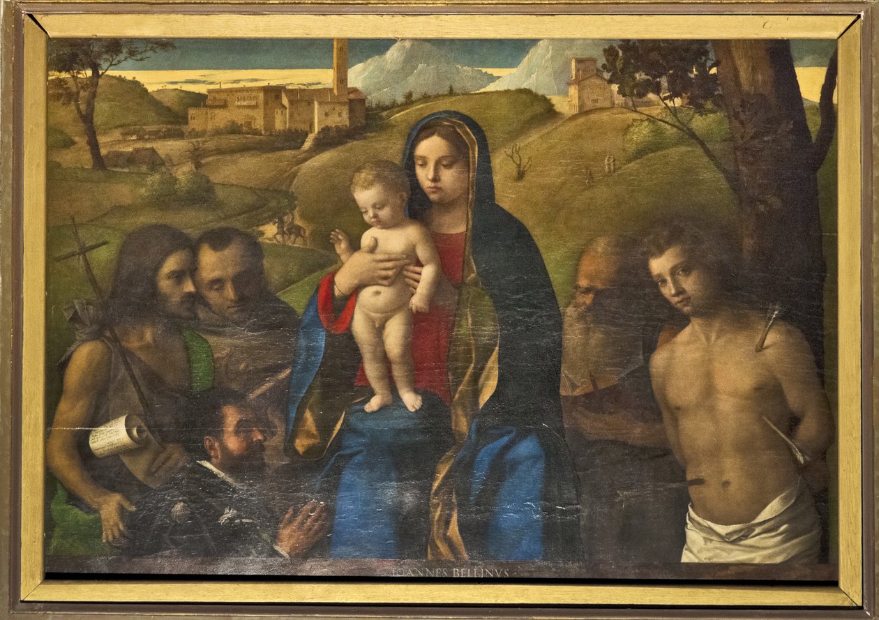 Madonna och barn med fyra heliga (Johannes Döparen, Francis, Jerome och Sebastian (vänster till höger)) och donator av Giovanni Bellini