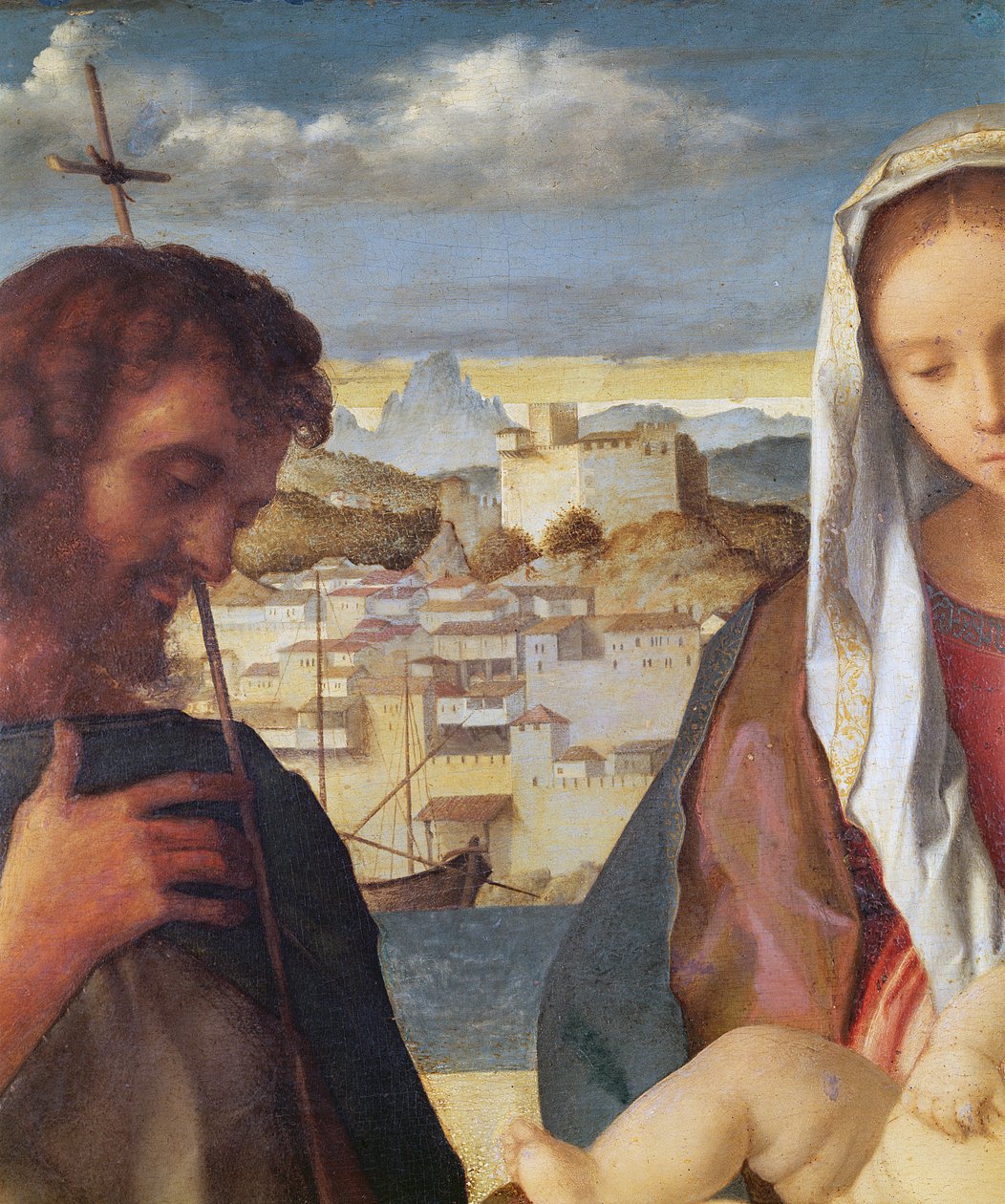 Madonna och barn med Johannes Döparen och en helgon, detalj av bakgrunden vattenstad, ca 1504 (detalj av 61025) av Giovanni Bellini