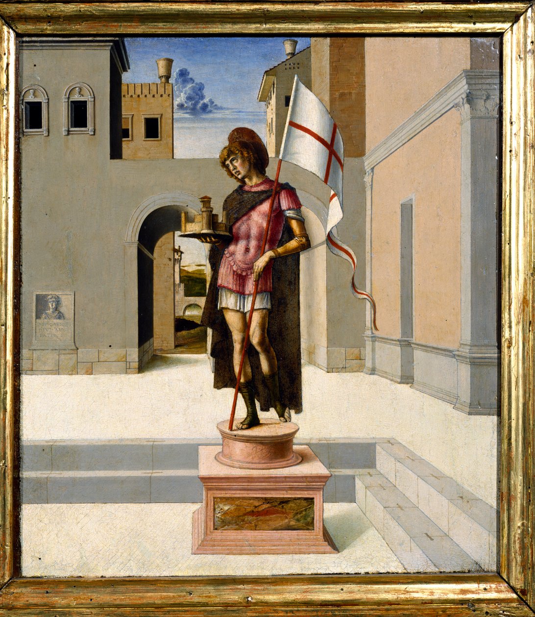 St. George avbildad som en polykrom staty på ett torg, predella (panel) (se även 85578) av Giovanni Bellini