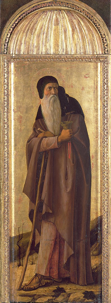 Den helige Sebastian mellan Johannes Döparen och Antonius abbot, i lunetten Evigheten och budkavlen tempera och bladguld på panel, detalj av 165428: Antonius av Giovanni Bellini