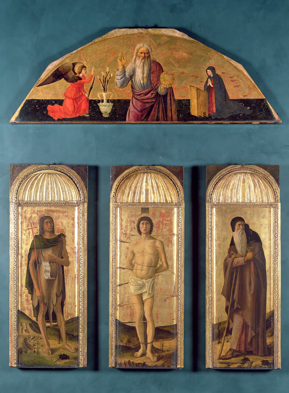Sankt Sebastian mellan Johannes Döparen och Antonius Abbot, i lunetten Evigheten och budkavlen (tempera och bladguld på panel) av Giovanni Bellini