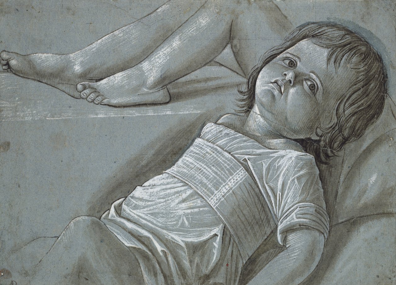 Studera för en liggande figur av spädbarnet Kristus (penselteckning på papper) av Giovanni Bellini