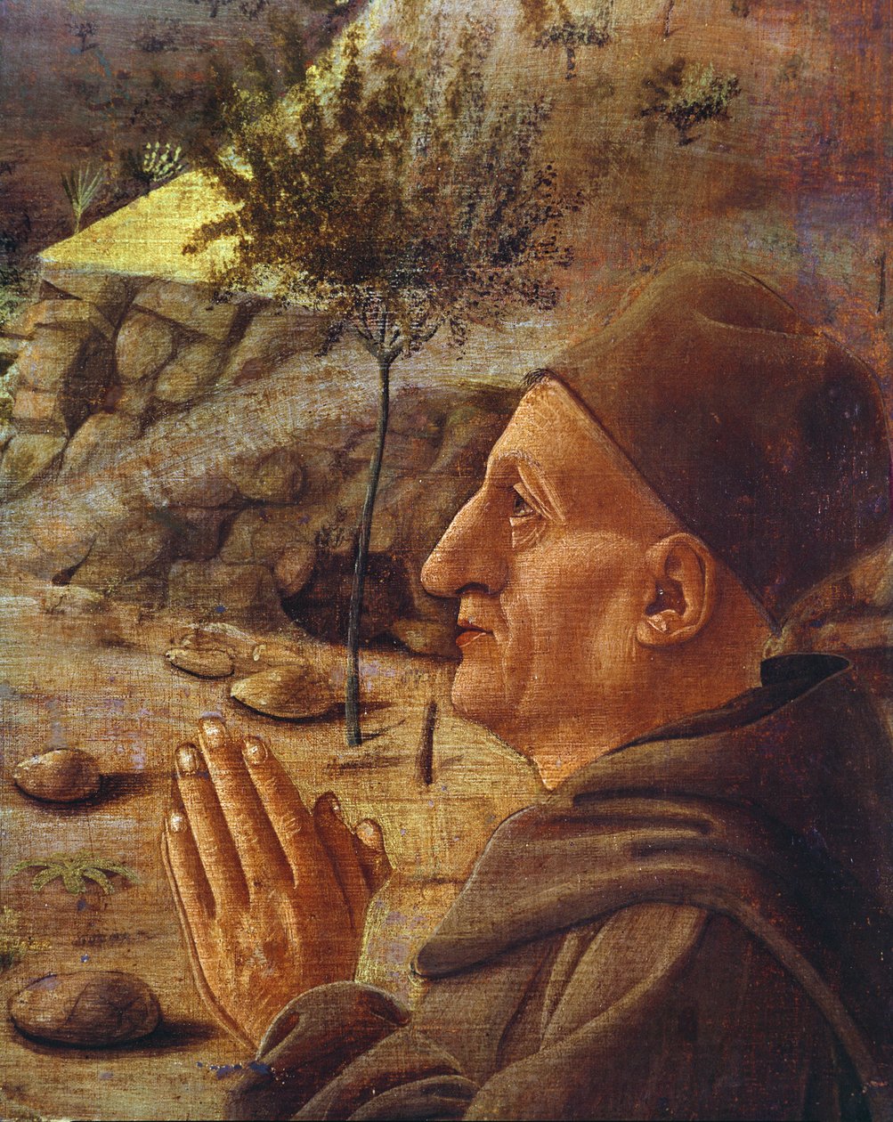 Korsfästelsesdetaljen av huvudet av skyddsmannen olja på panelen av Giovanni Bellini