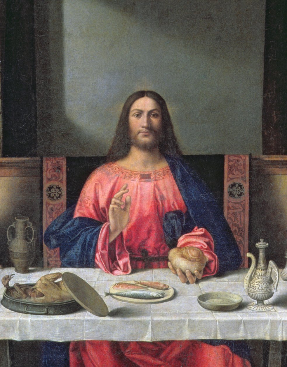 Nattvarden i Emmaus olja på paneldetalj av 97010 av Giovanni Bellini