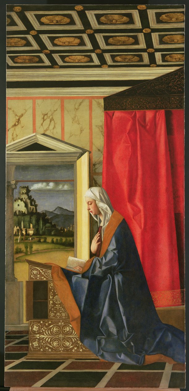 Jungfru Maria, från Bebådelsens diptyk (restaurering efter 1998) av Giovanni Bellini