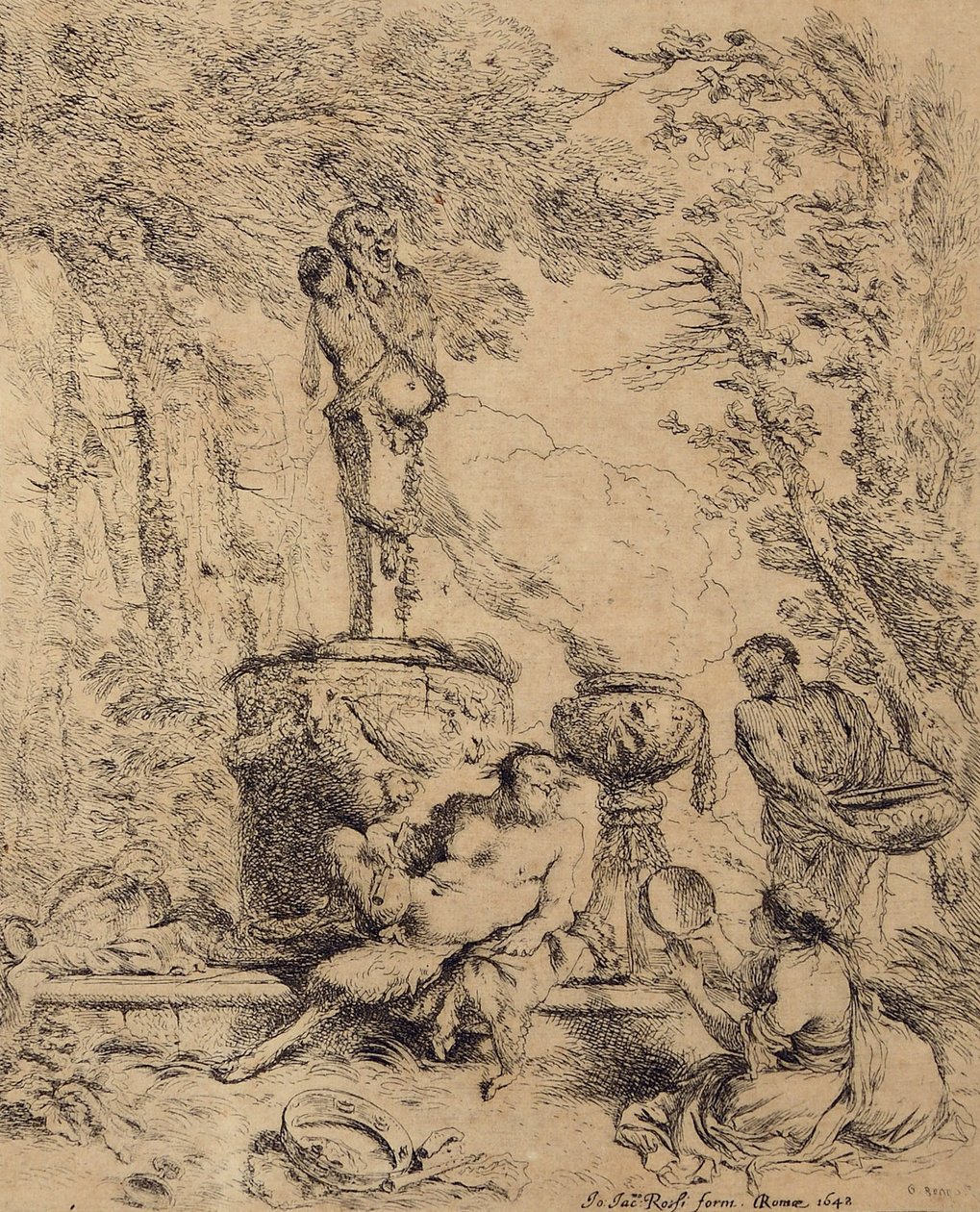 Pastoral Scene, Faun and the Shepherdess or Feast before the altar of the God Terminus av Giovanni Benedetto Castiglione