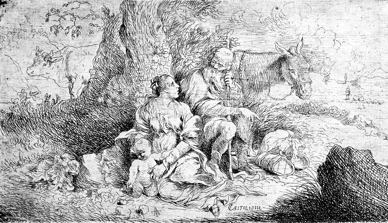 The Rest on the Flight into Egypt, iliyoandaliwa na Antonio Travi swed av Giovanni Benedetto Castiglione