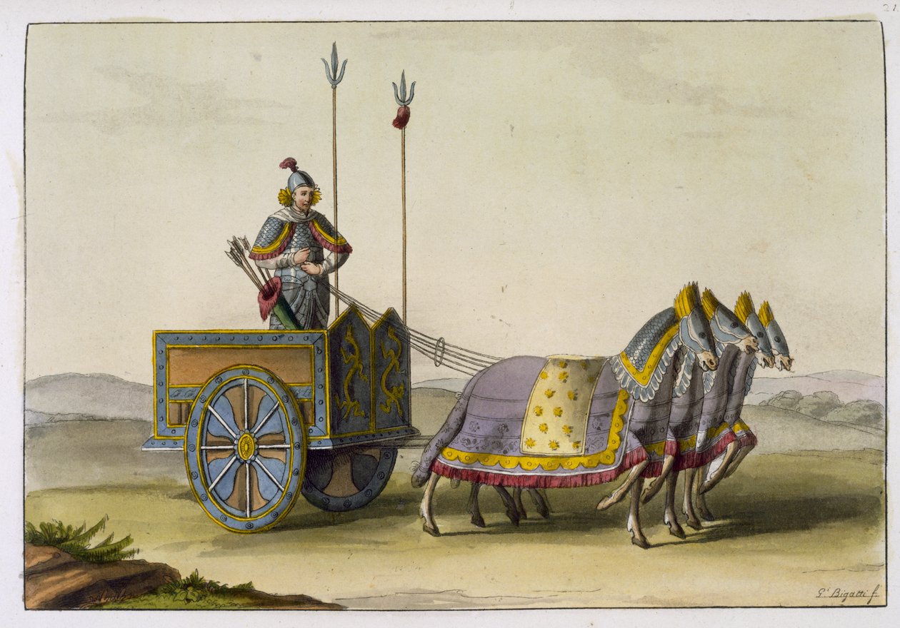 Antik kinesisk krigsvagn, från "Le Costume Ancien et Moderne" av Jules Ferarrio, publicerad på 1820-30-talen. av Giovanni Bigatti