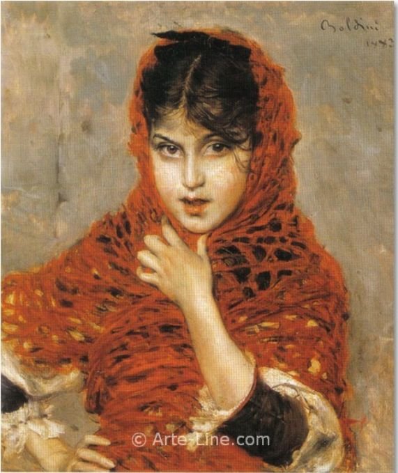  Girl with Red ShawlnDeutsch: Madchen mit rotem SchalnPolski: Dziewczynka w czerwonej chuscien av Giovanni Boldini
