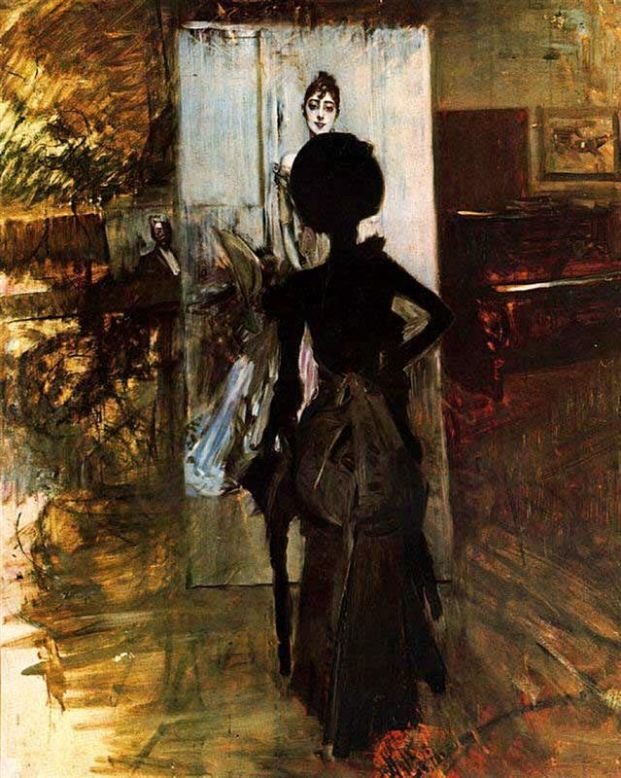  Woman in Black who Watches the Pastel of Signora Emiliana Concha de OssanDeutsch: Frau in Schwarz, die auf das Pastellbild von Signora Emiliana Concha de Ossa schautnPolski: Kobieta w czerni, patrzaca na pastel signory Emiliany Concha de Ossyn av Giovanni Boldini