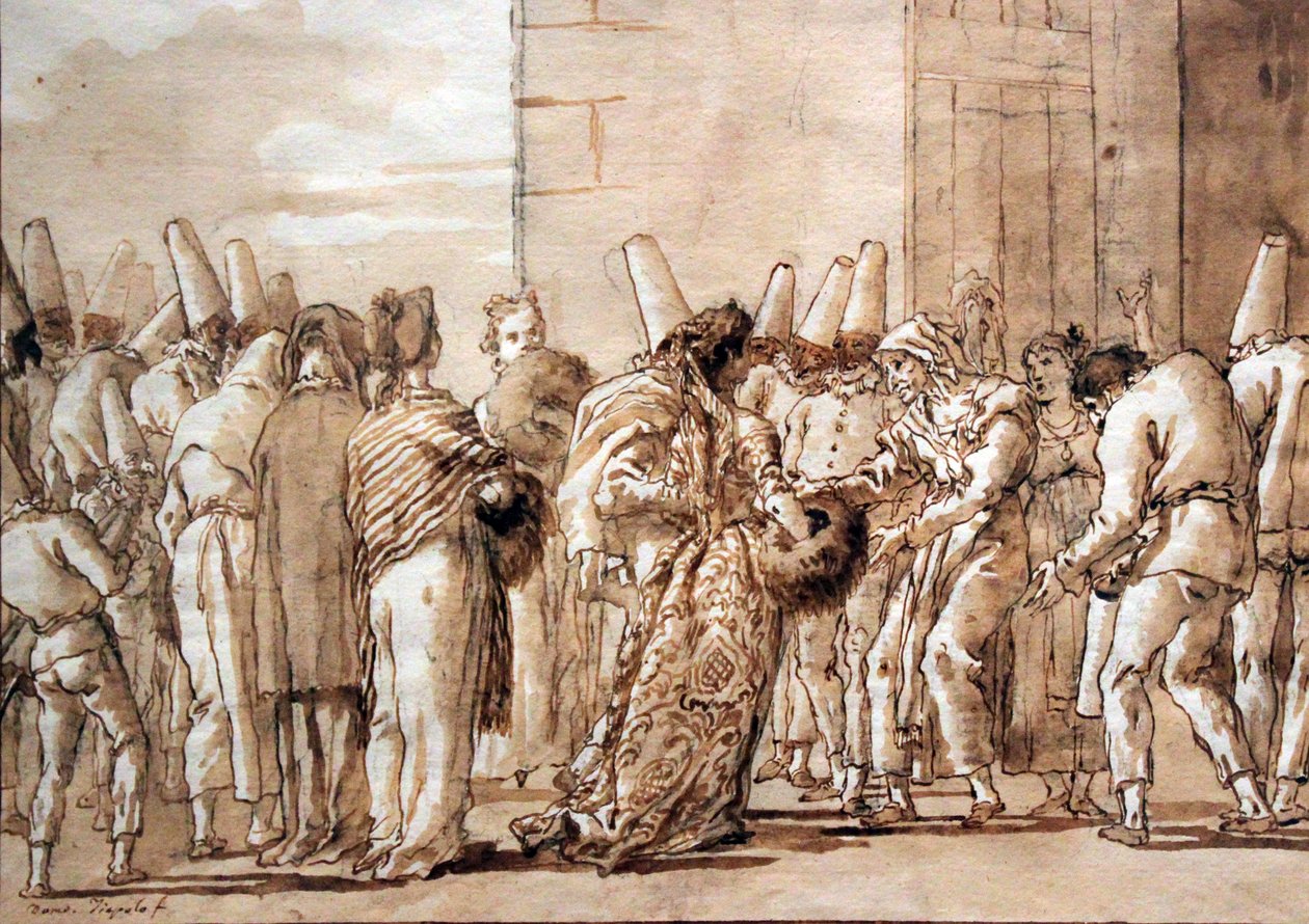 Pulcinellas far leder sin brud hem av Giovanni Domenico Tiepolo