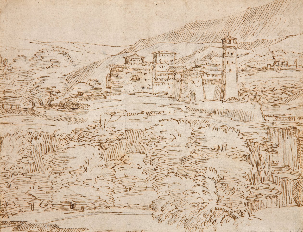 Ett landskap med ett slott ovanför ett bälte av träd av Giovanni F. Grimaldi