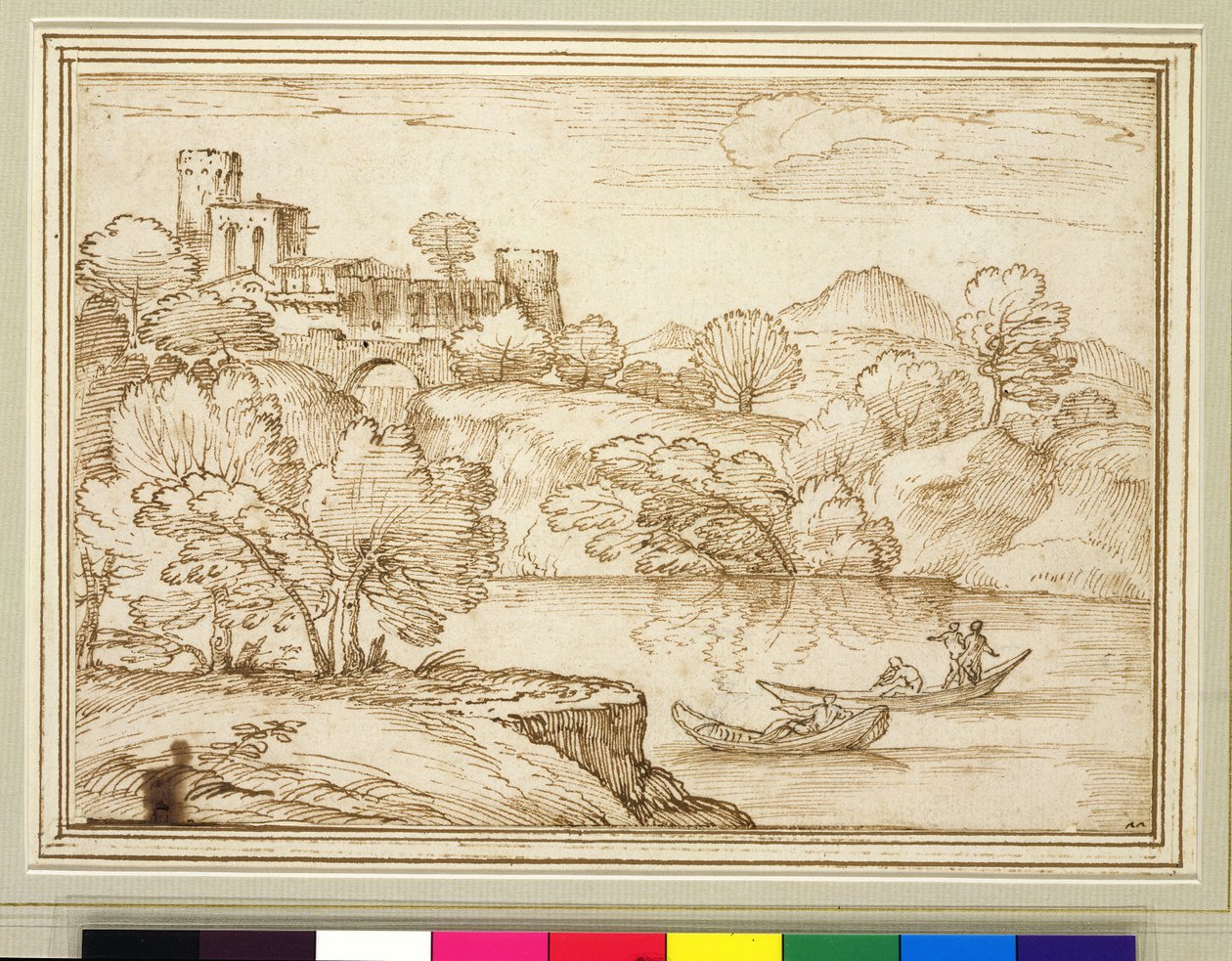 Klassiskt landskap med båtar på en sjö nedanför ett slott (svart krita, penna och brunt bläck på papper) av Giovanni F. Grimaldi