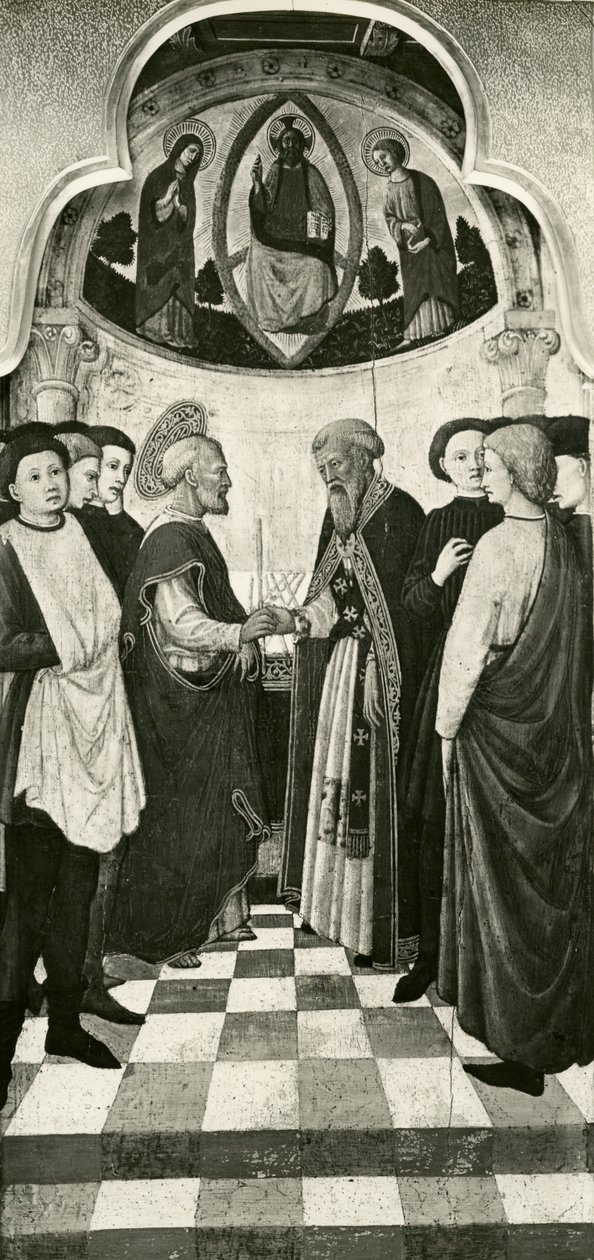 Jungfruns liv, invigning av jungfrun vid templet, c.1445 olja på poppelpanel bw foto av Giovanni Francesco da Rimini