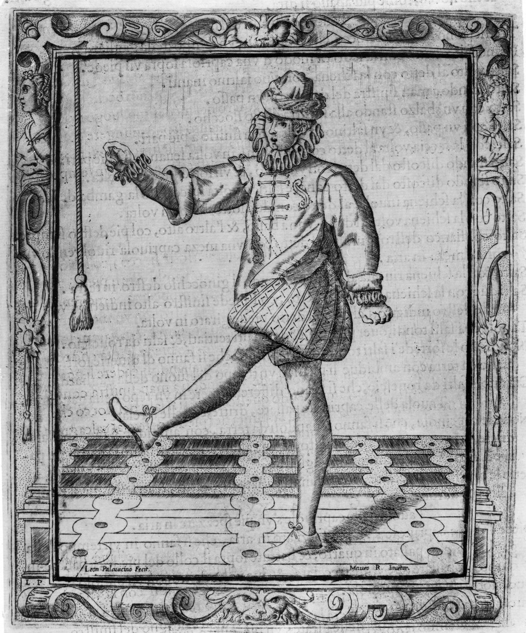 Courtly Dancer, Illustration från "Nuvone inventioni di balli" av Cesare Negri, tryckt av Leon Pallavicino, publicerad 1604 av Giovanni Mauro della Rovere
