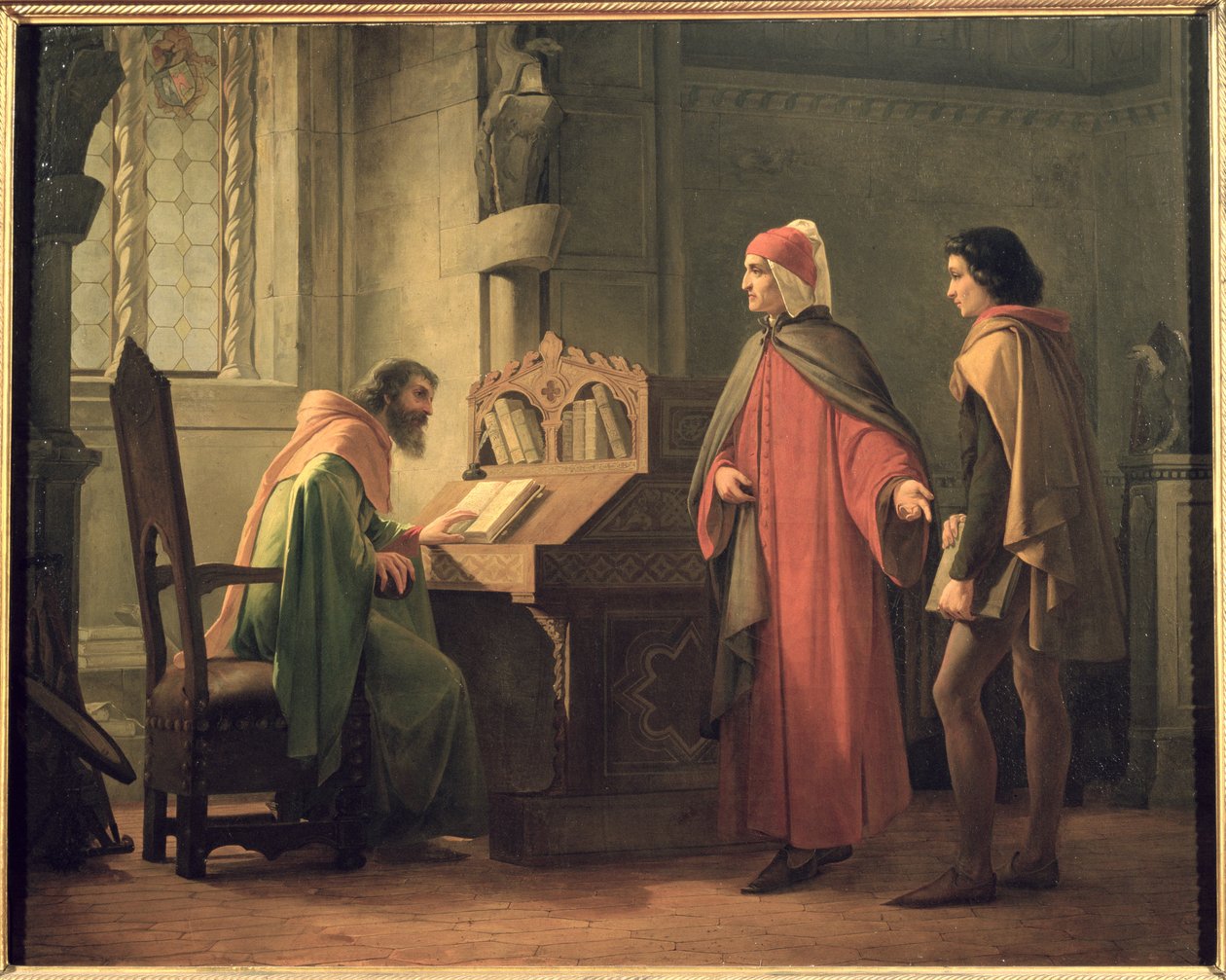Dante (1265-1321) presenterar Giotto (1266-1337) för Guido da Polenta (d.1310) av Giovanni Mochi