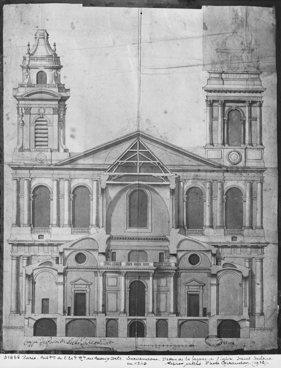 Kyrkan Saint-Sulpice, fasadförhöjning, Paris, 1740 av Giovanni Niccolo Servandoni