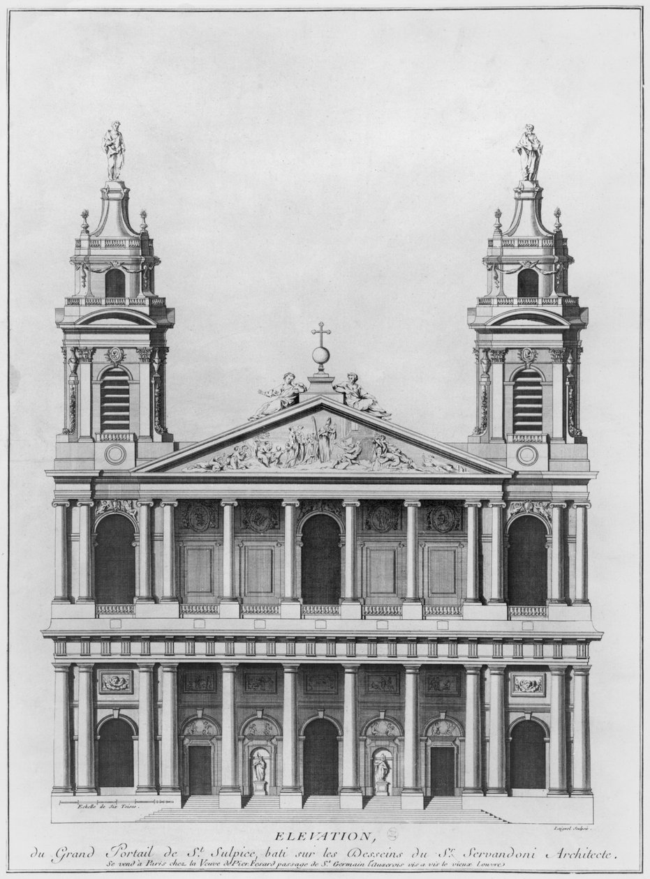 Kyrkan Saint-Sulpice, fasadförhöjning, Paris, graverad av Loignel eller Laignel av Giovanni Niccolo Servandoni