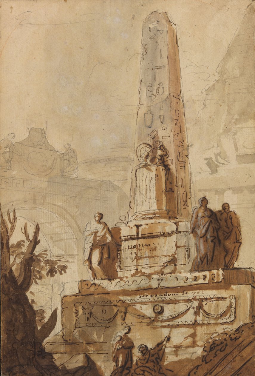 Egyptian obelisk in a landscape with ruins, an arch and a pyramid av Giovanni Niccolo Servandoni