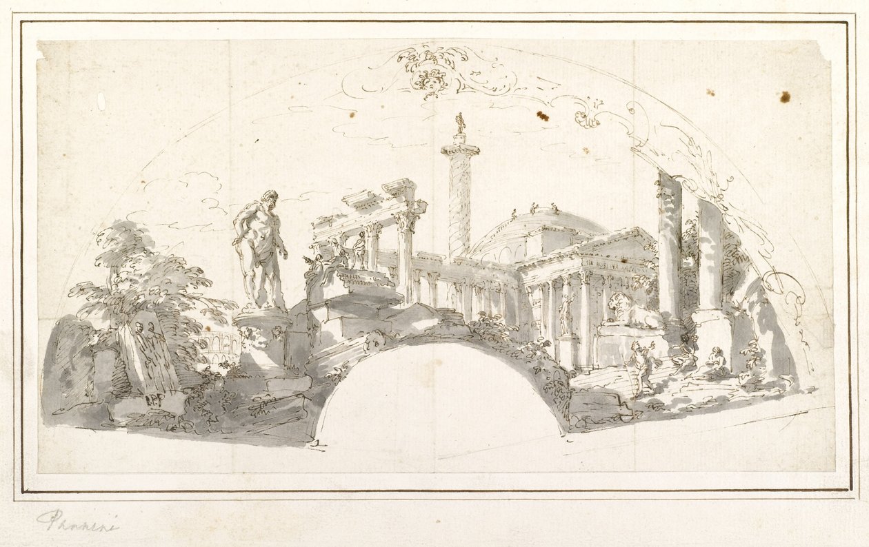 Design för en fan- Capriccio med romerska ruiner och Farnese Hercules av Giovanni Paolo Pannini