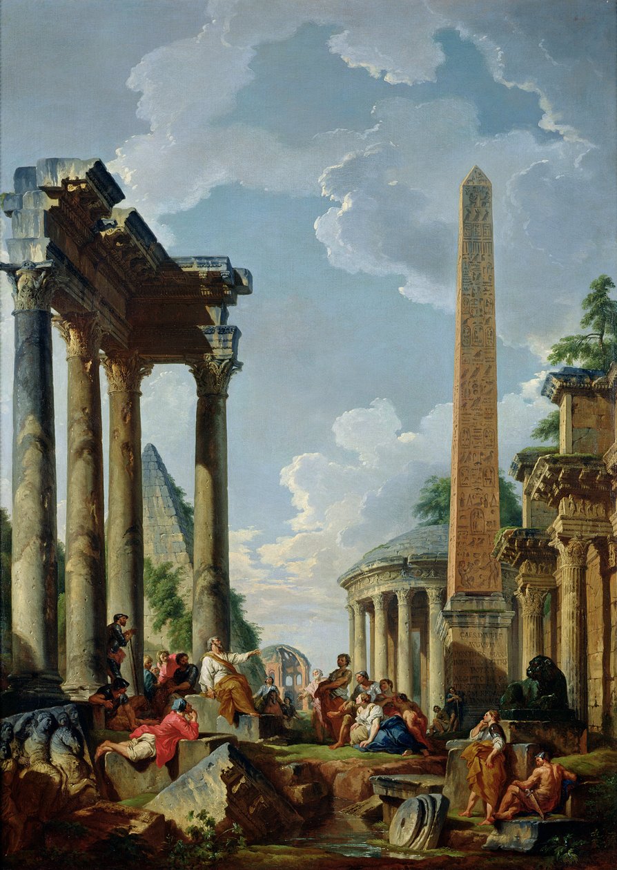 Arkitektonisk Capriccio med en predikant i ruinerna, c.1745 av Giovanni Paolo Pannini