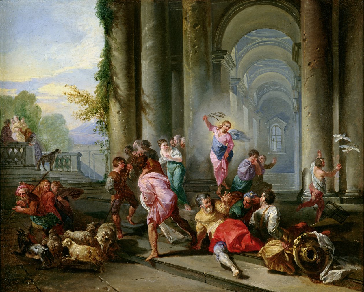 Kristus driver köpmännen från templet, ca 1720-30 av Giovanni Paolo Pannini
