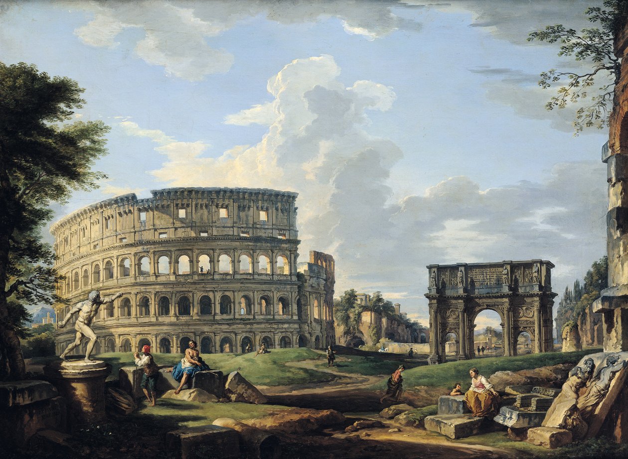 Colosseum och Konstantins båge av Giovanni Paolo Pannini