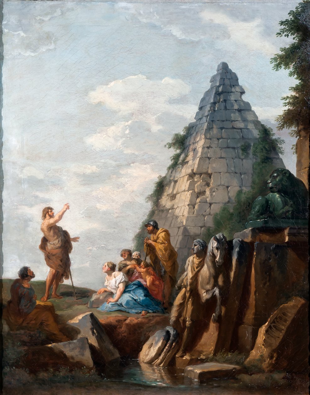 Capriccio med Johannes Döparens predikan, Cestius pyramid och andra klassiska monument, 1745 av Giovanni Paolo Pannini