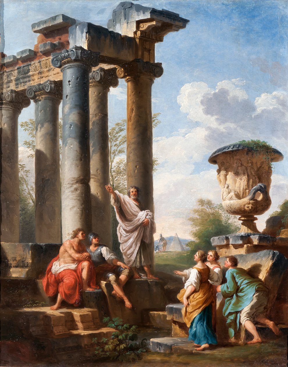 Capriccio med predikan av ett helgon, Medici-vasen, ett ruinerat tempel och Cestius-pyramiden, ca 1745 av Giovanni Paolo Pannini