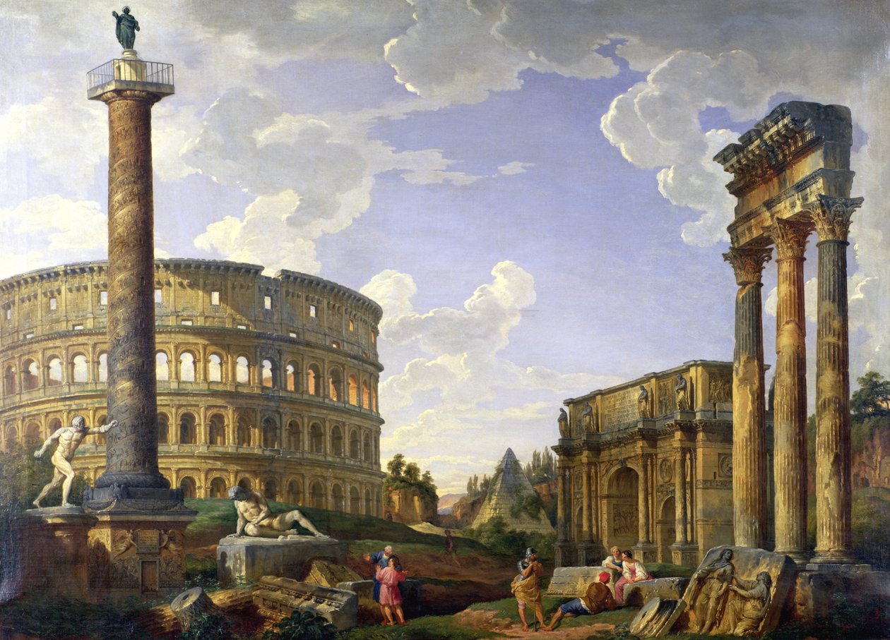 Romersk capriccio som visar Colosseum, Borghese-krigaren, Trajan-kolonnen, den döende gallern, Cestius grav, Konstantins båge och Castor och Pollux-templet. av Giovanni Paolo Pannini