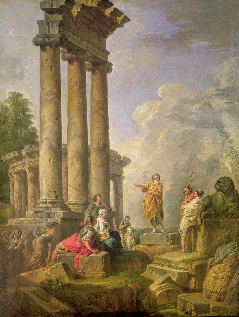 Ruiner med Sankt Paulus predikan, 1735 av Giovanni Paolo Pannini