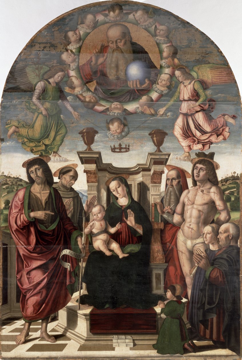 Madonnan och barnet tronade med heliga av Giovanni Santi or Sanzio