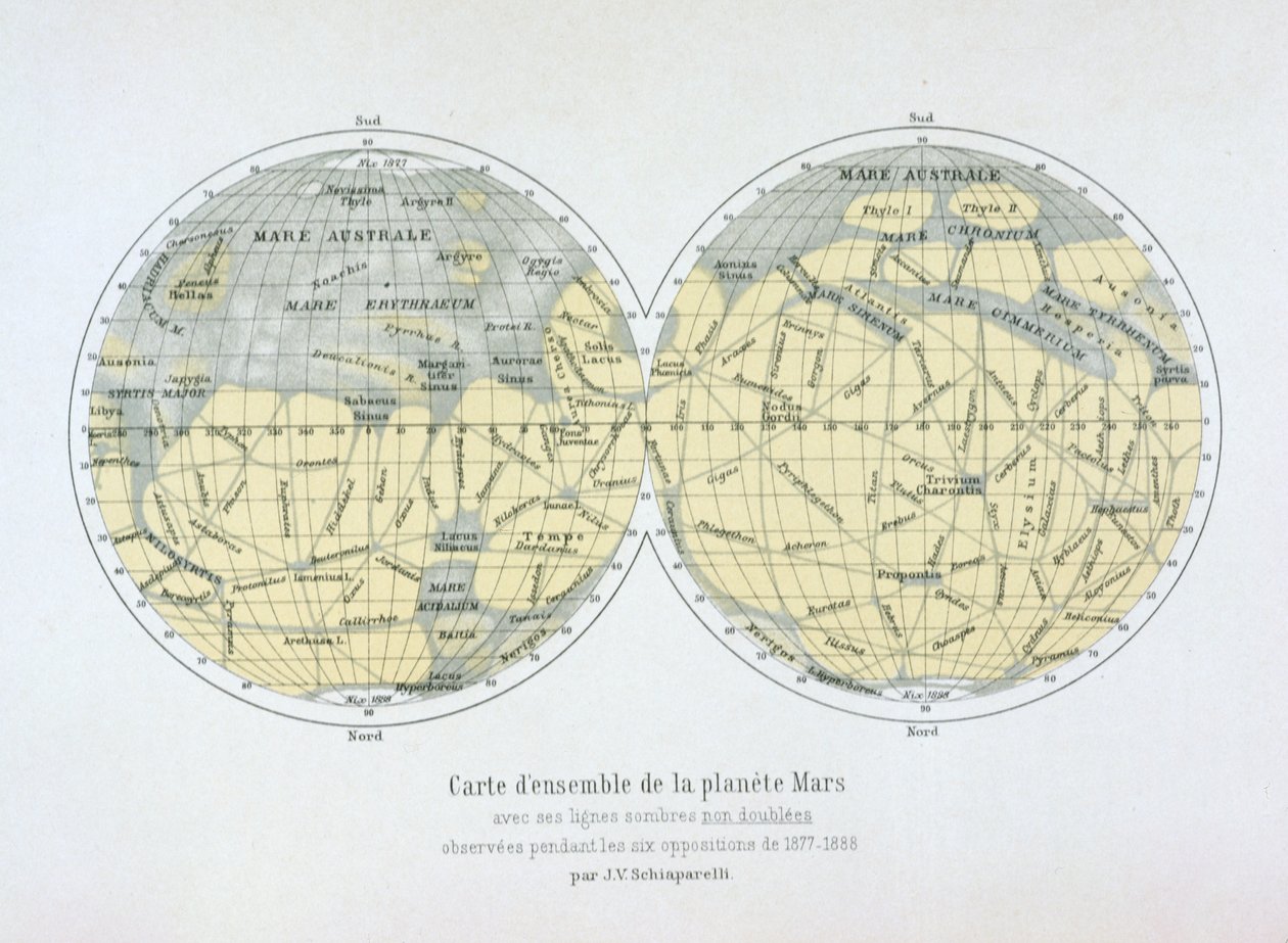 Sammanställd karta över planeten Mars, från observationer gjorda under sex oppositioner 1877-88. av Giovanni Schiaparelli