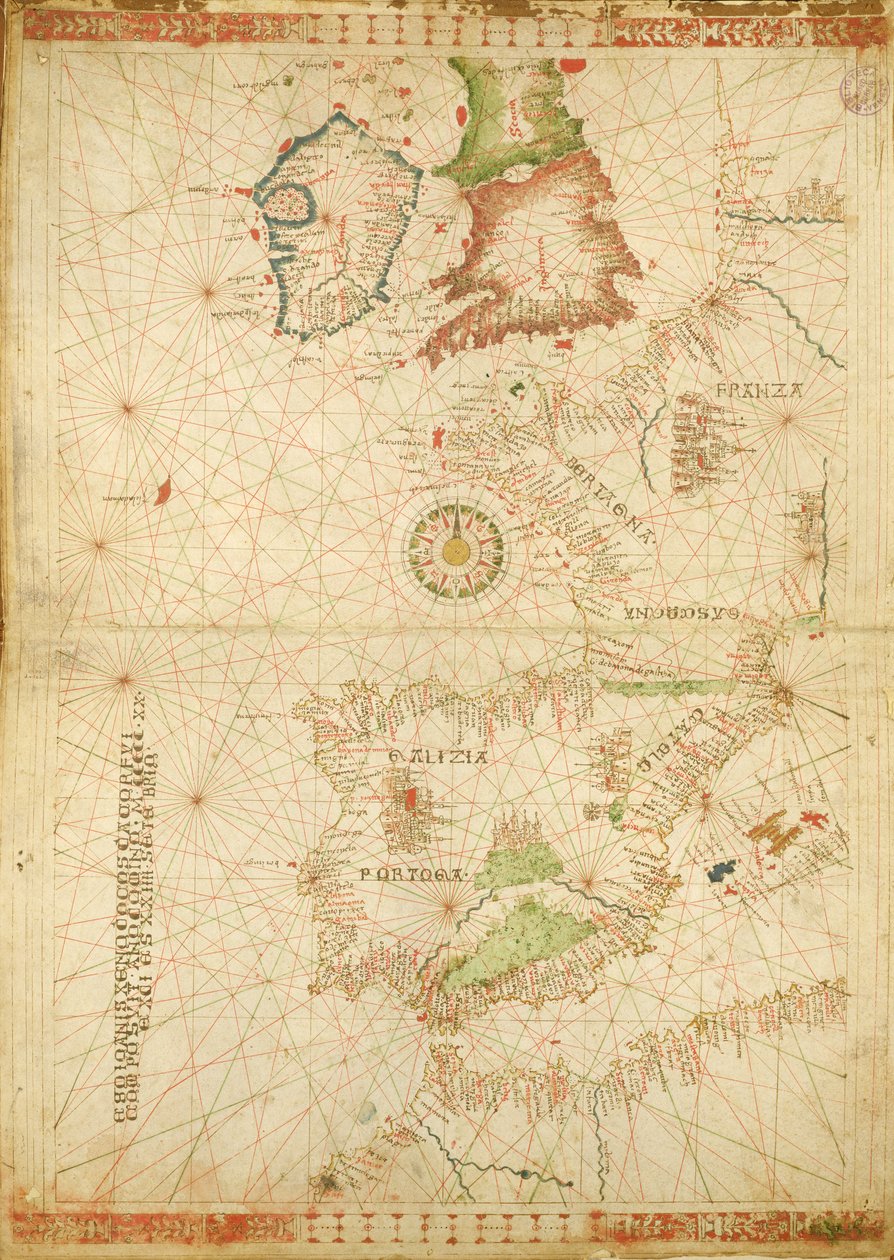 Europas och Afrikas Atlantkuster, från en nautisk atlas, 1520 (bläck på veläng) (se även 330911-330912) av Giovanni Xenodocus da Corfu