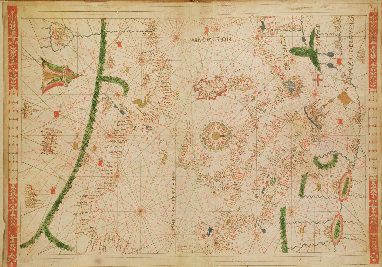 Centrala Medelhavet, från en nautisk atlas, 1520 (bläck på veläng) (se även 330916-330918) av Giovanni Xenodocus da Corfu