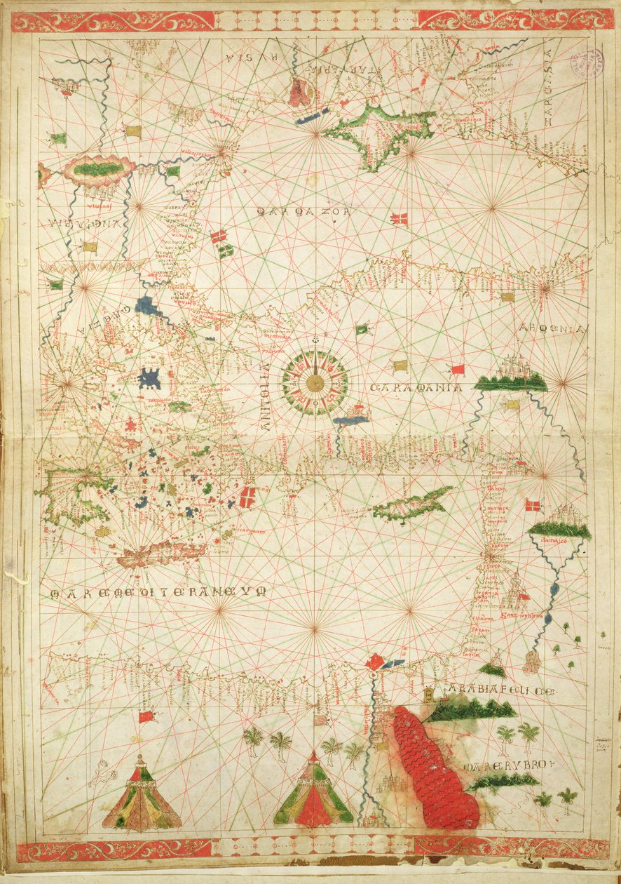 Östra Medelhavet, från en nautisk atlas, 1520 (bläck på veläng) (se även 330914) av Giovanni Xenodocus da Corfu