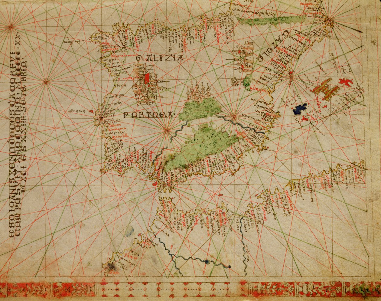 Den iberiska halvön och Afrikas norra kust, från en nautisk atlas, 1520 (bläck på veläng) (detalj från 330910) av Giovanni Xenodocus da Corfu