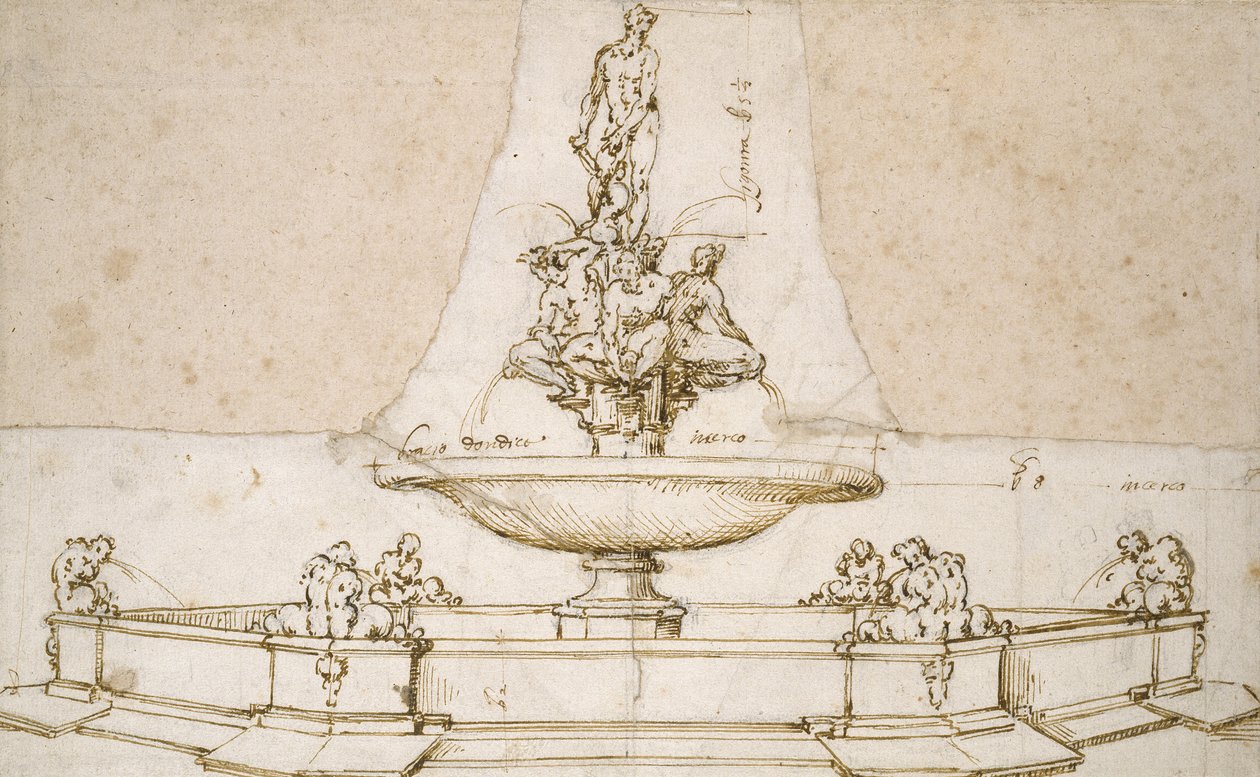Design for a Fountain (penna och brunt bläck över tecken med svart krita och stilusens intryckningar på vitt papper) av Giovanni da Bologna