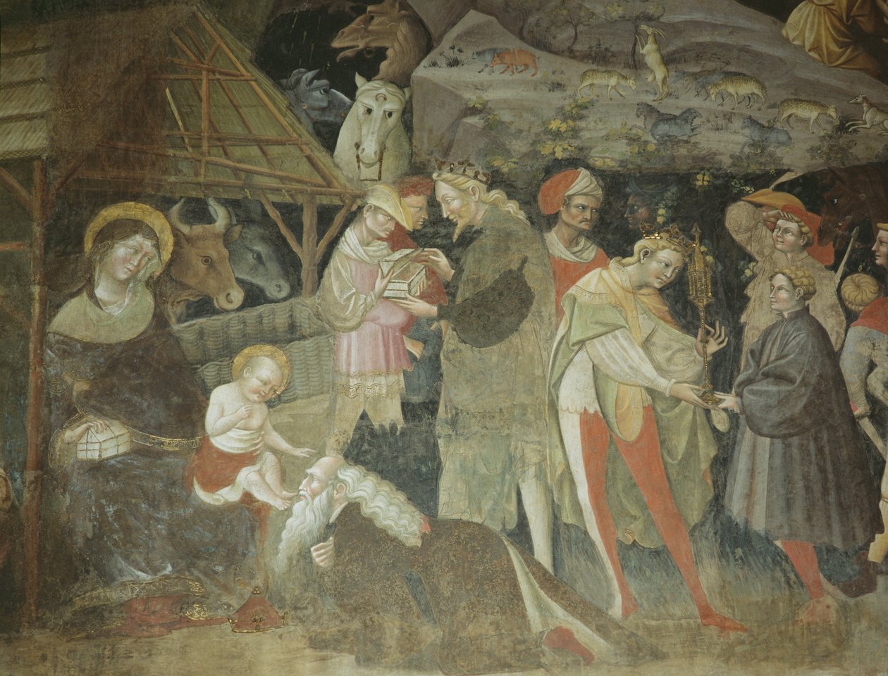 Julkrubba från The Journey of the Magi Cycle, Bolognini Chapel, fresk ca 1420 av Giovanni da Modena