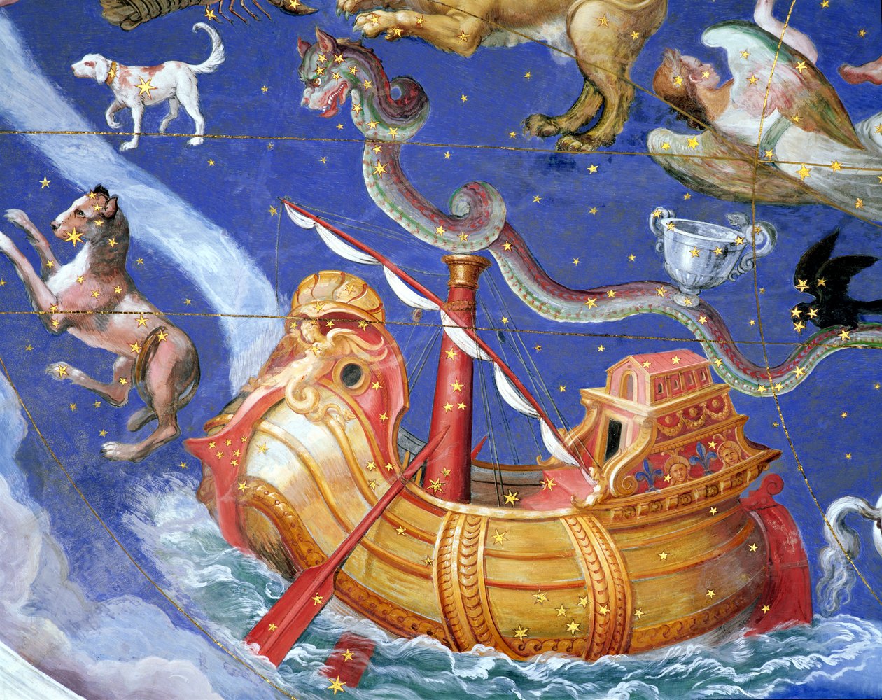 Scen av zodiaken med en galjon, detalj från valvet i "Sala del Mappamondo" (världskartornas sal) ca 1574-5 av Giovanni de Vecchi