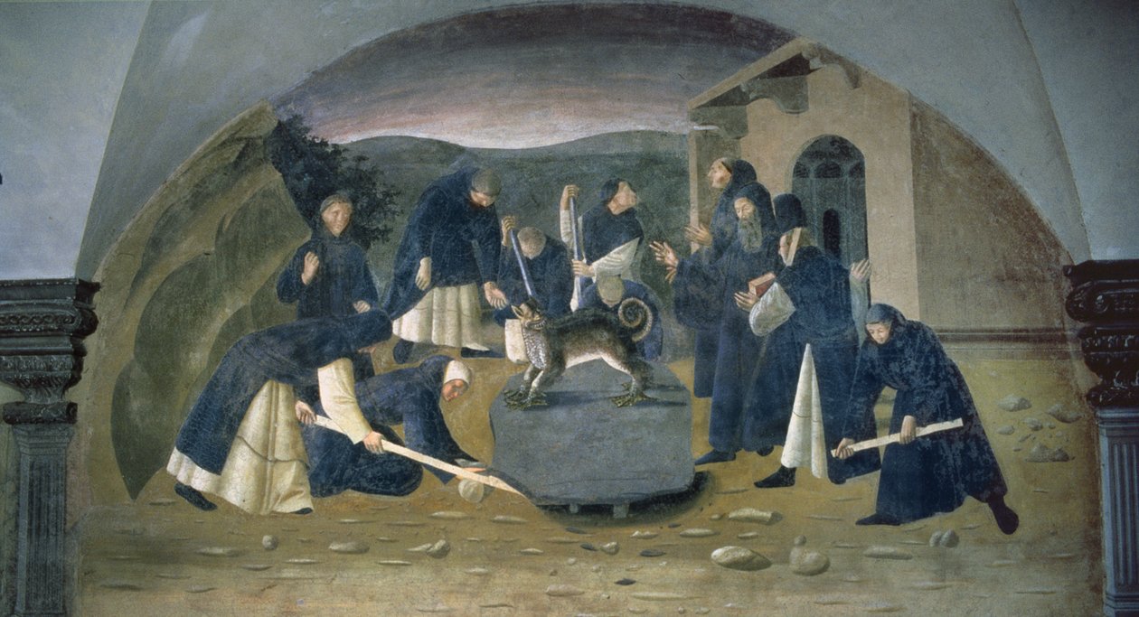 St. Benedictus lyfter den fallna klippan, detalj från freskcykeln av St. Benedikts liv från Chiostro degli Aranci (apelsinernas kloster) ca 1430-talet av Giovanni di Consalvo