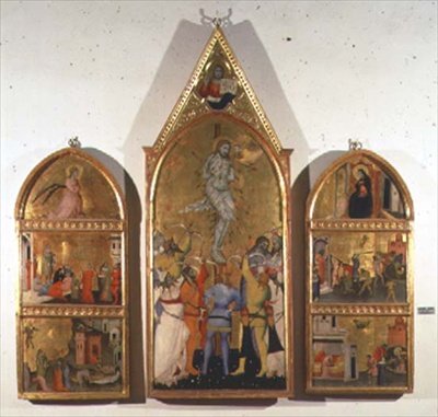 S:t Sebastians martyrskap Altartavla, mittpanel som visar martyrskapet och sidopaneler som visar andra scener från helgonets liv (tempera på panelen) av Giovanni di Niccolo del Biondo