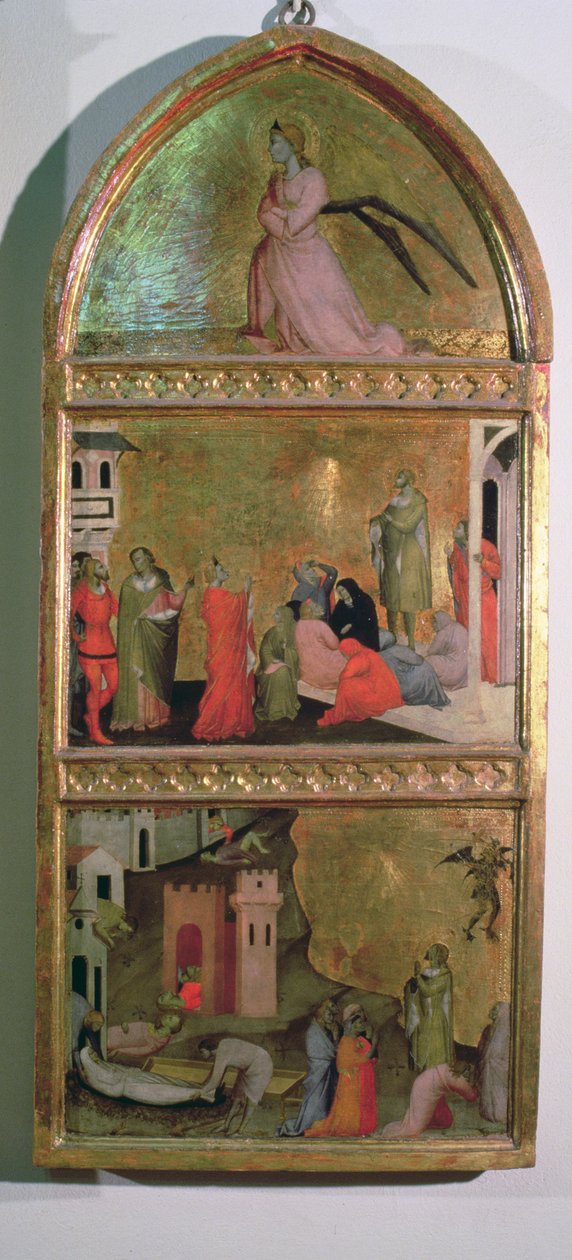 S:t Sebastians martyrskap Altartavla, sidopanel som visar ängeln Gabriel och scener från helgontemperans liv på paneldetalj från 94767 av Giovanni di Niccolo del Biondo