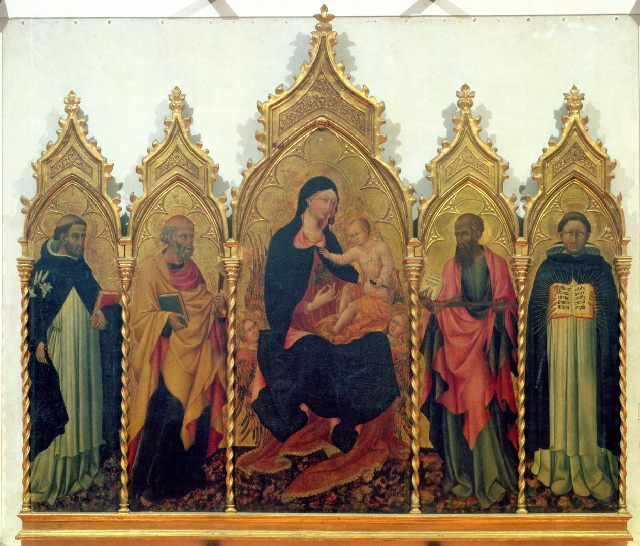 Madonna och barn med SS. Dominic, Peter, Paul och Thomas Aquinas, altartavla, 1445 (tempera på panel) av Giovanni di Paolo