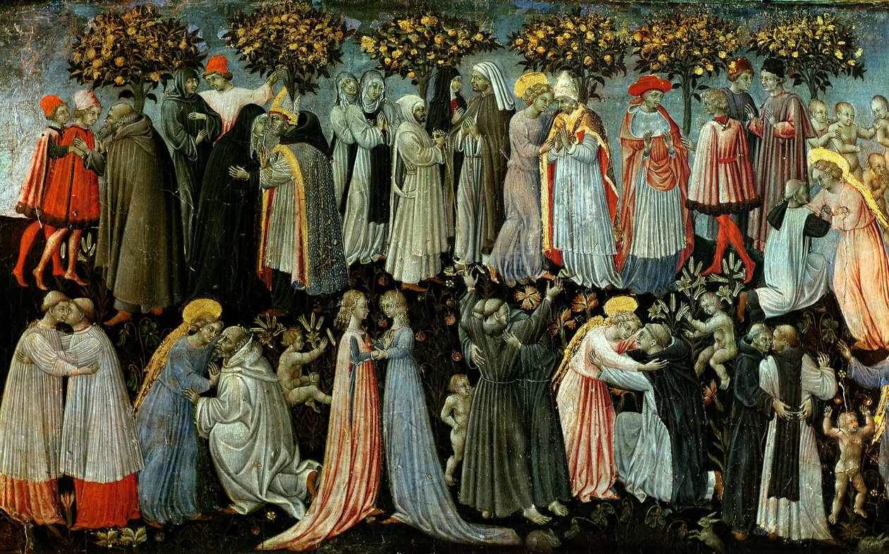 The Last Judgement, detalj av predellapanelen som föreställer Paradiset, 1460-65 (tempera på panel) (detalj av 218797) av Giovanni di Paolo